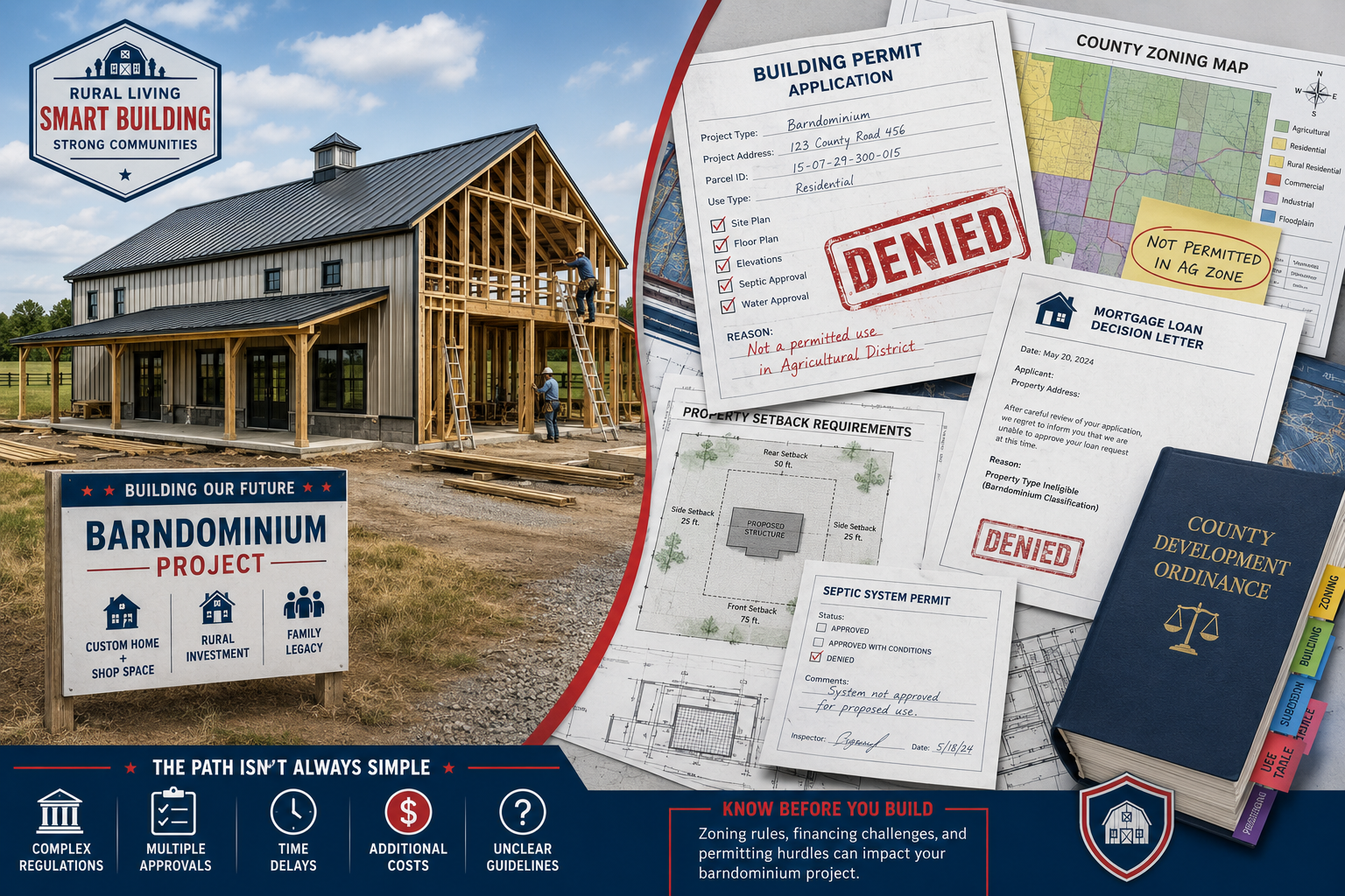 Detailed () editorial infographic illustration showing a split-scene: on the left, a modern barndominium structure with a