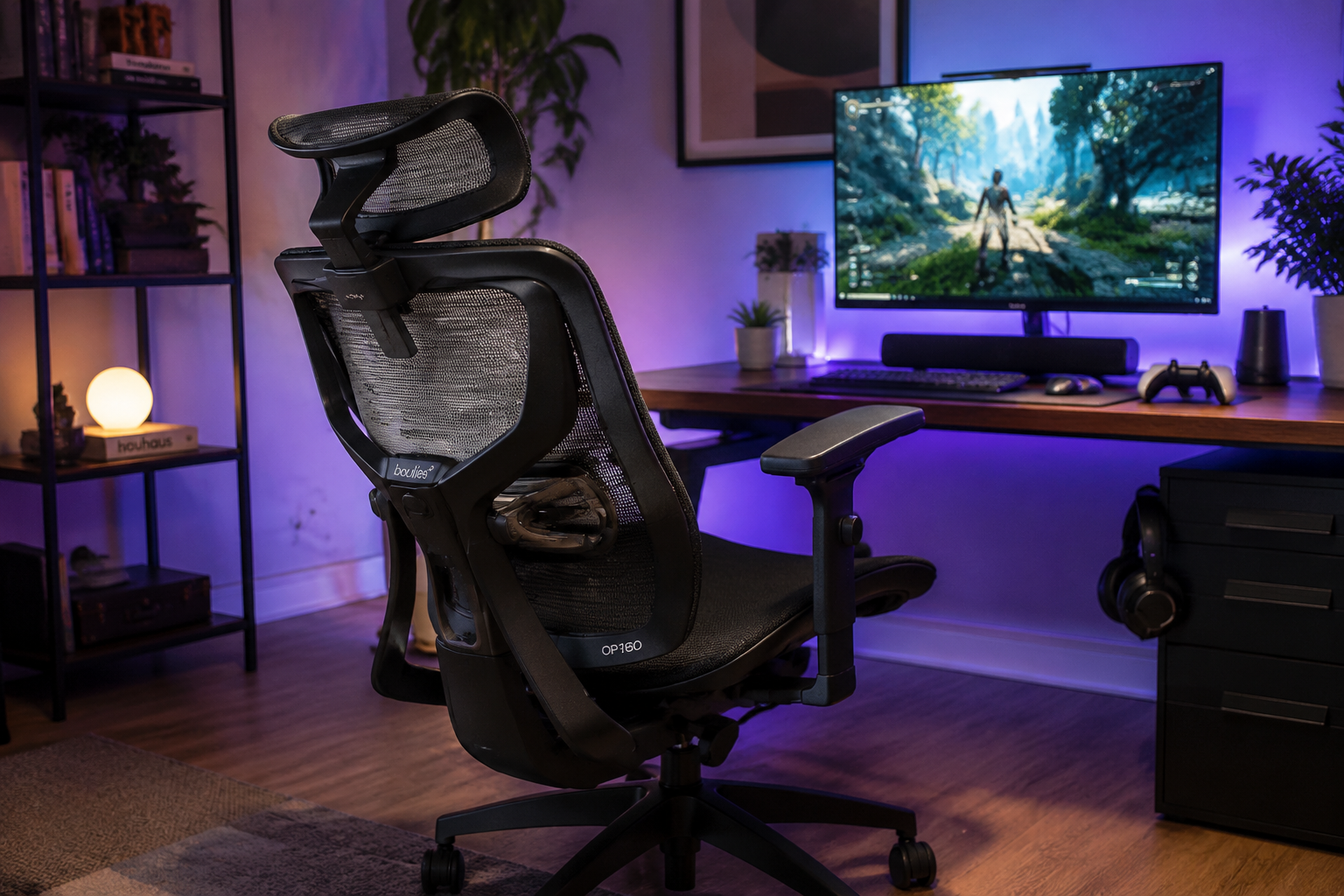 Boulies OP180 Review Detailed landscape format (1536x1024) lifestyle scene showing the Boulies OP180 chair in a cozy home office gaming setup with a desk, monitor showing a colorful game, warm ambient LED lighting in purple and blue tones, and the chair slightly reclined. The mesh backrest is clearly visible. A controller rests on the desk. Modern aesthetic, editorial lifestyle photography quality, balanced composition with the chair as the focal point. Is the Boulies OP180 Good for Gaming?