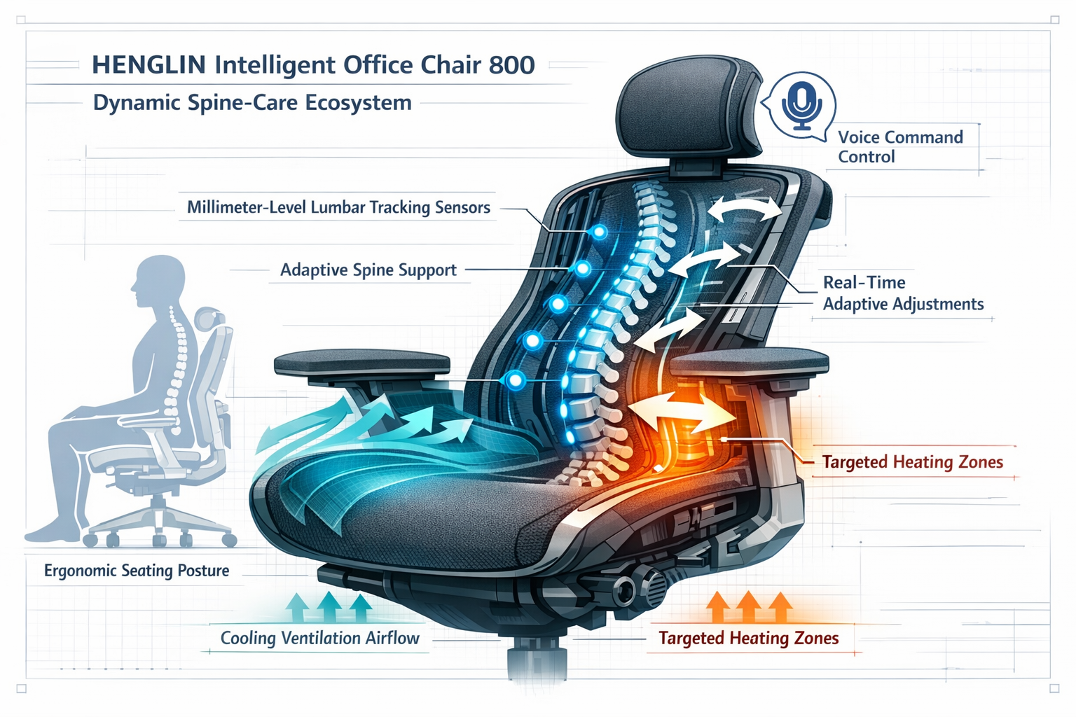 Detailed landscape format (1536x1024) editorial infographic illustration showing a cross-section cutaway diagram of the HENGLIN Intelligent Office Chair 800's Dynamic Spine-Care Ecosystem. Visual elements include labeled millimeter-level lumbar tracking sensors shown as glowing blue nodes along a stylized human spine, arrows indicating real-time adaptive adjustment mechanics, ventilation airflow paths shown in cool teal gradients, heating zones in warm amber, and a voice command icon floating near the headrest. Clean white background with technical blueprint aesthetic, precision engineering labels, and a human silhouette seated in correct ergonomic posture for reference.