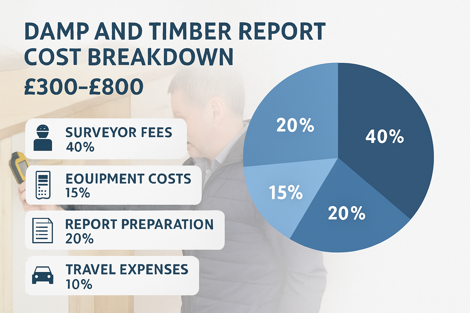 Detailed infographic showing damp and timber report cost breakdown (1536x1024) with pie chart displaying percentage allocation: surveyor fee