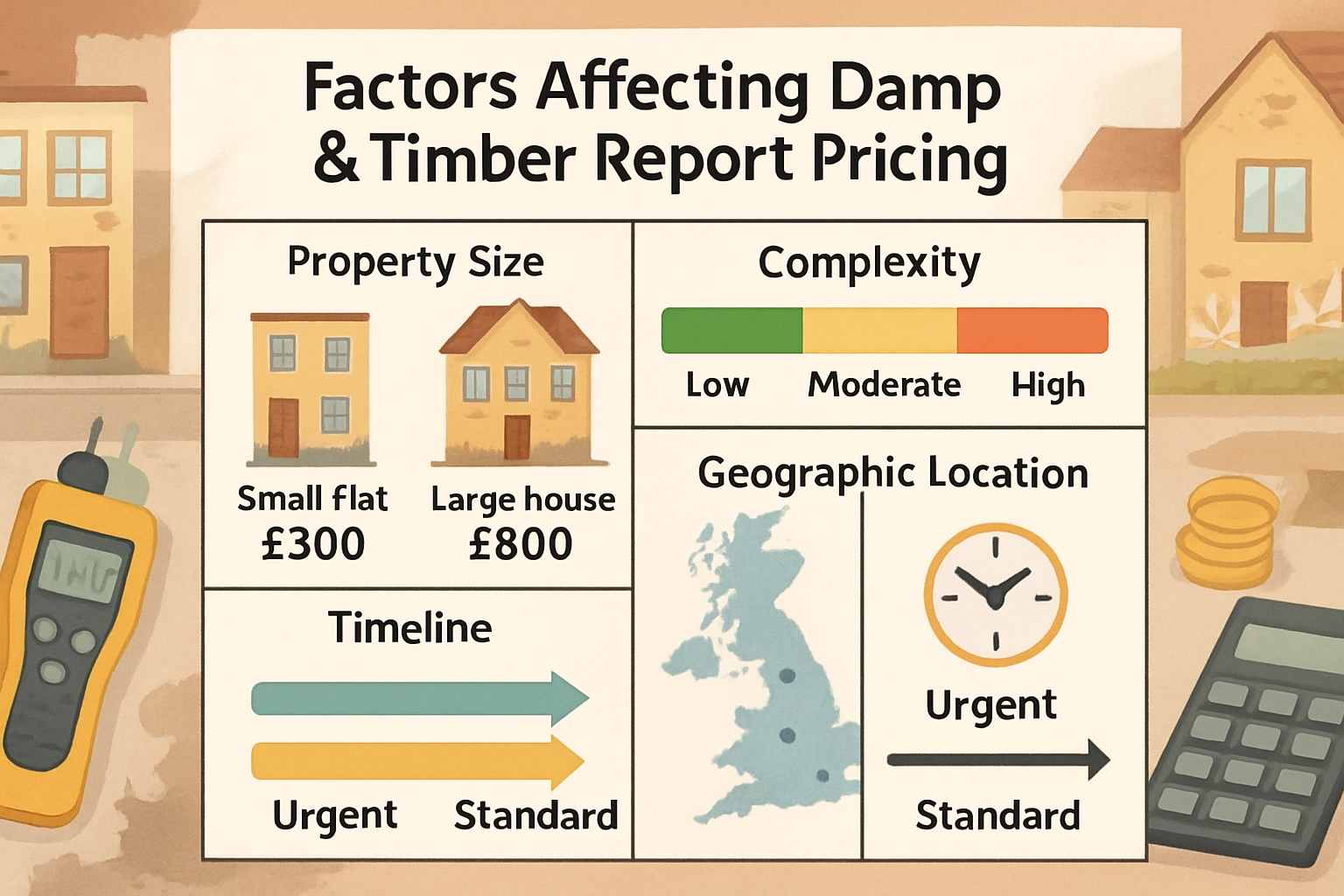 Comprehensive comparison chart (1536x1024) showing factors affecting damp and timber report pricing across different property types. Visual 