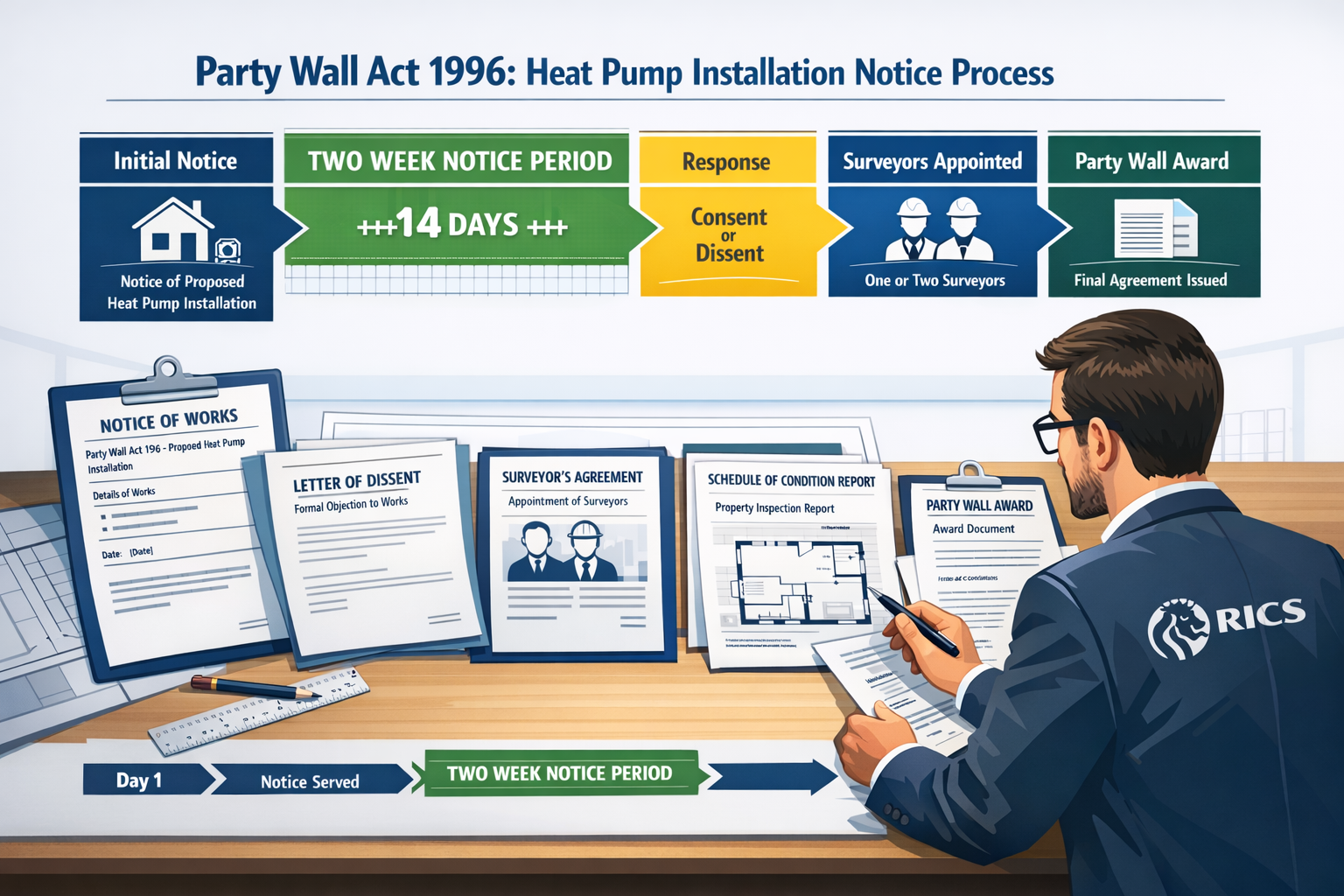 Detailed landscape format (1536x1024) technical illustration showing Party Wall Act 1996 notice process flowchart for heat pump installation