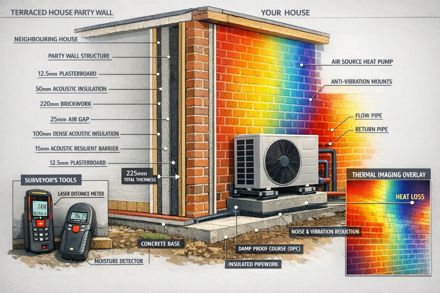 Comprehensive landscape format (1536x1024) cutaway technical diagram of terraced house party wall with heat pump installation details, cross