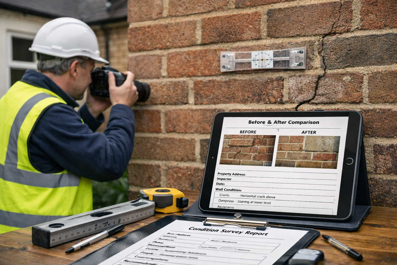 Professional landscape format (1536x1024) scene showing schedule of condition survey in progress on shared wall before heat pump installatio
