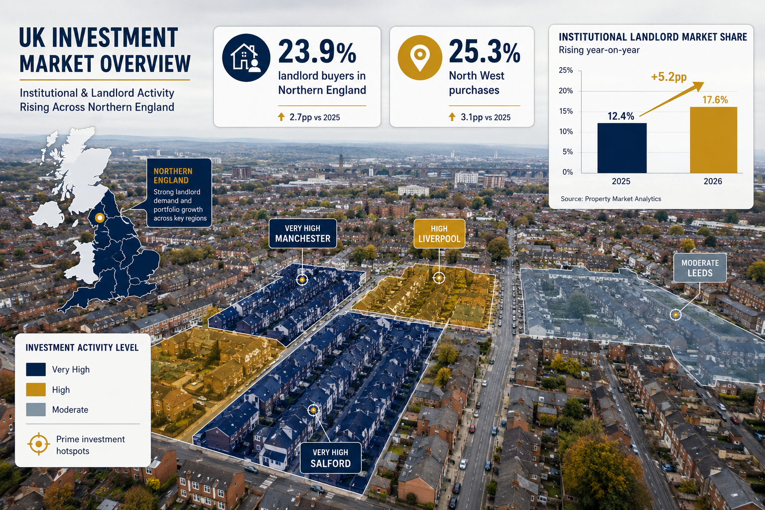 Aerial drone-style () infographic-style image showing a UK residential street map with data callouts: '23.9% landlord buyers