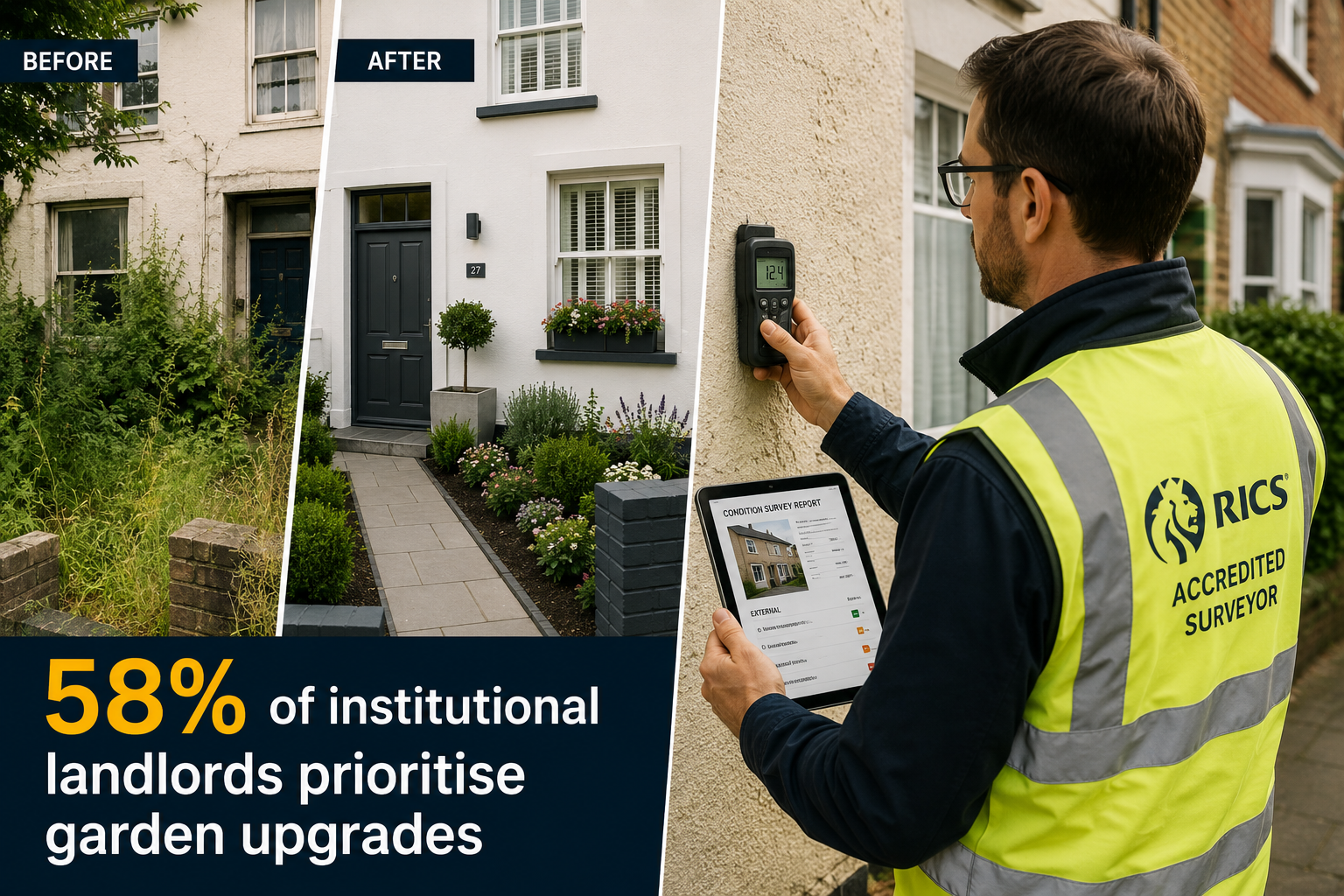 () split-composition image: left side shows a before-and-after garden transformation for a buy-to-let property — overgrown