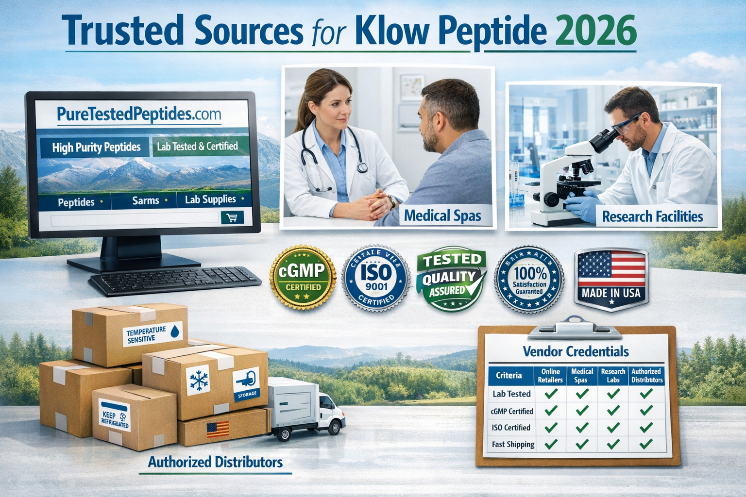 Detailed landscape infographic (1536x1024) showing multiple trusted peptide sourcing channels including certified online retailers, medical 