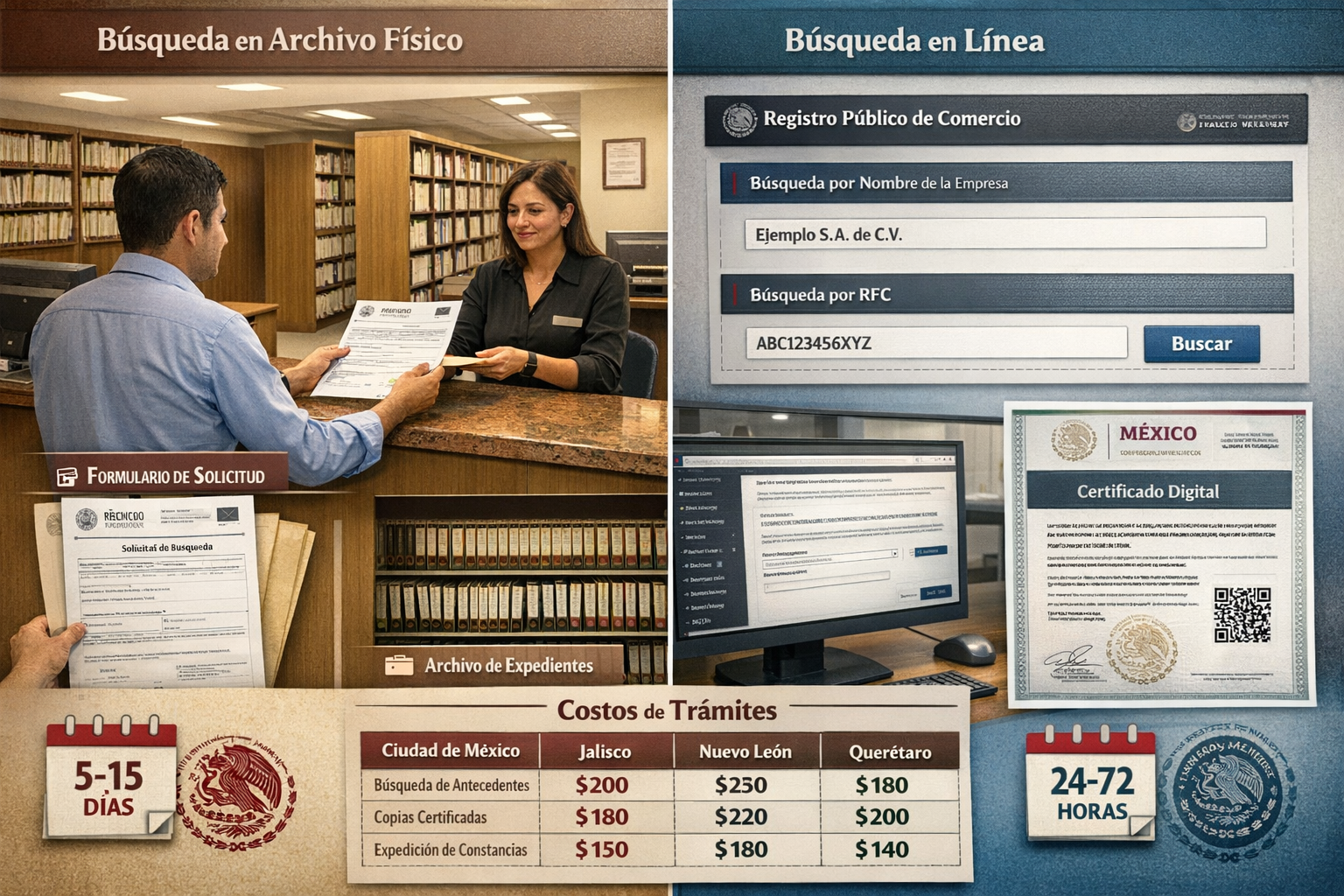 Detailed landscape format (1536x1024) visual guide showing step-by-step process for requesting historical business records. Split-screen com