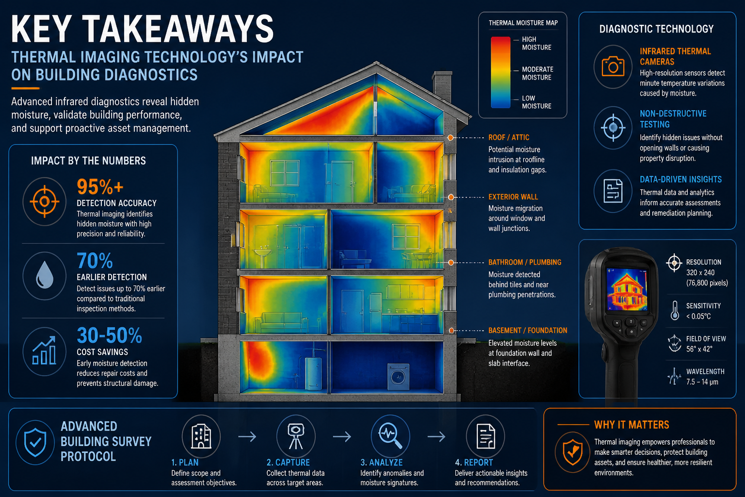 Key Takeaways section infographic showcasing thermal imaging technology's impact on building diagnostics. Central graphic