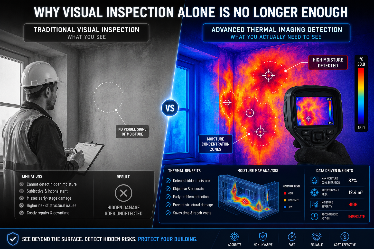 Visual representation for 'Why Visual Inspection Alone Is No Longer Enough' section. Split-screen composition comparing