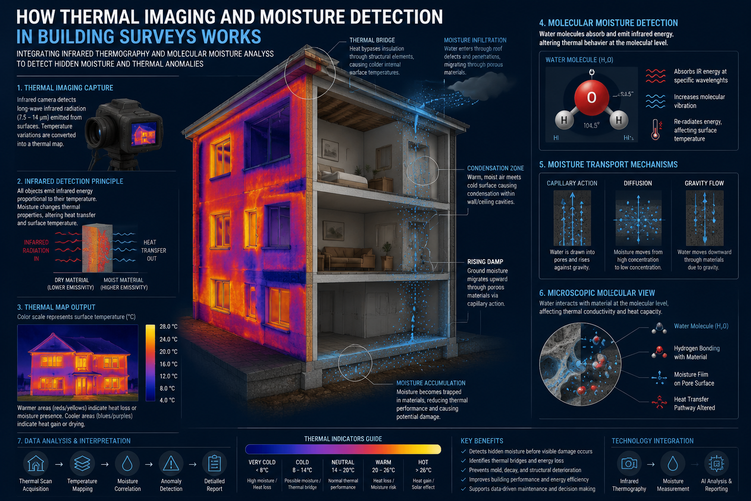Scientific visualization for 'How Thermal Imaging and Moisture Detection in Building Surveys Works' section. Detailed