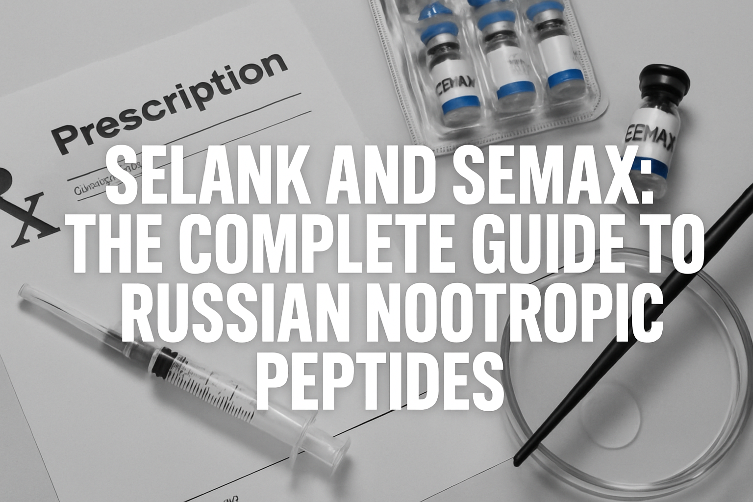 Professional landscape hero image (1536x1024) with bold text overlay: "Selank and Semax: The Complete Guide to Russian Nootropic Peptides". 
