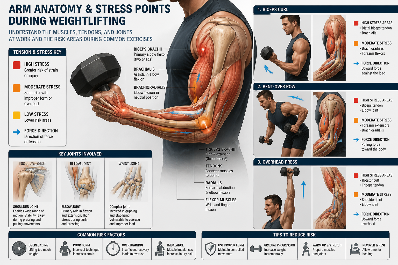 () detailed cross-section illustration showing the anatomy of arm muscles, tendons, and joints during weightlifting