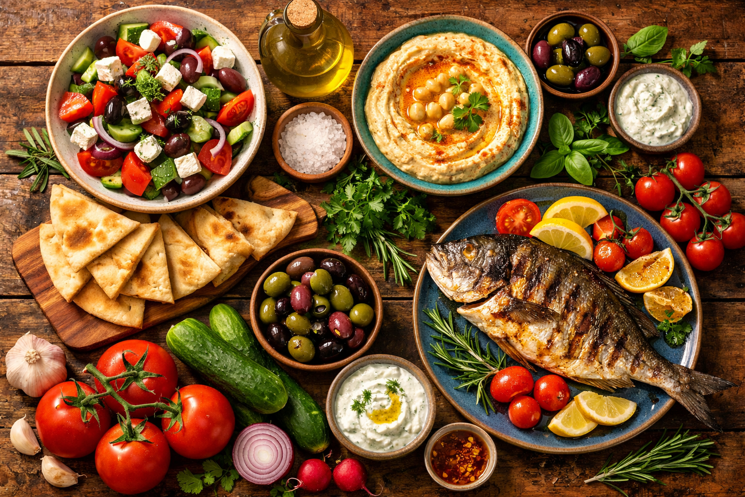 A stunning overhead flat-lay of a rustic wooden table filled with colorful Mediterranean dishes: Greek salad, hummus, pita,
