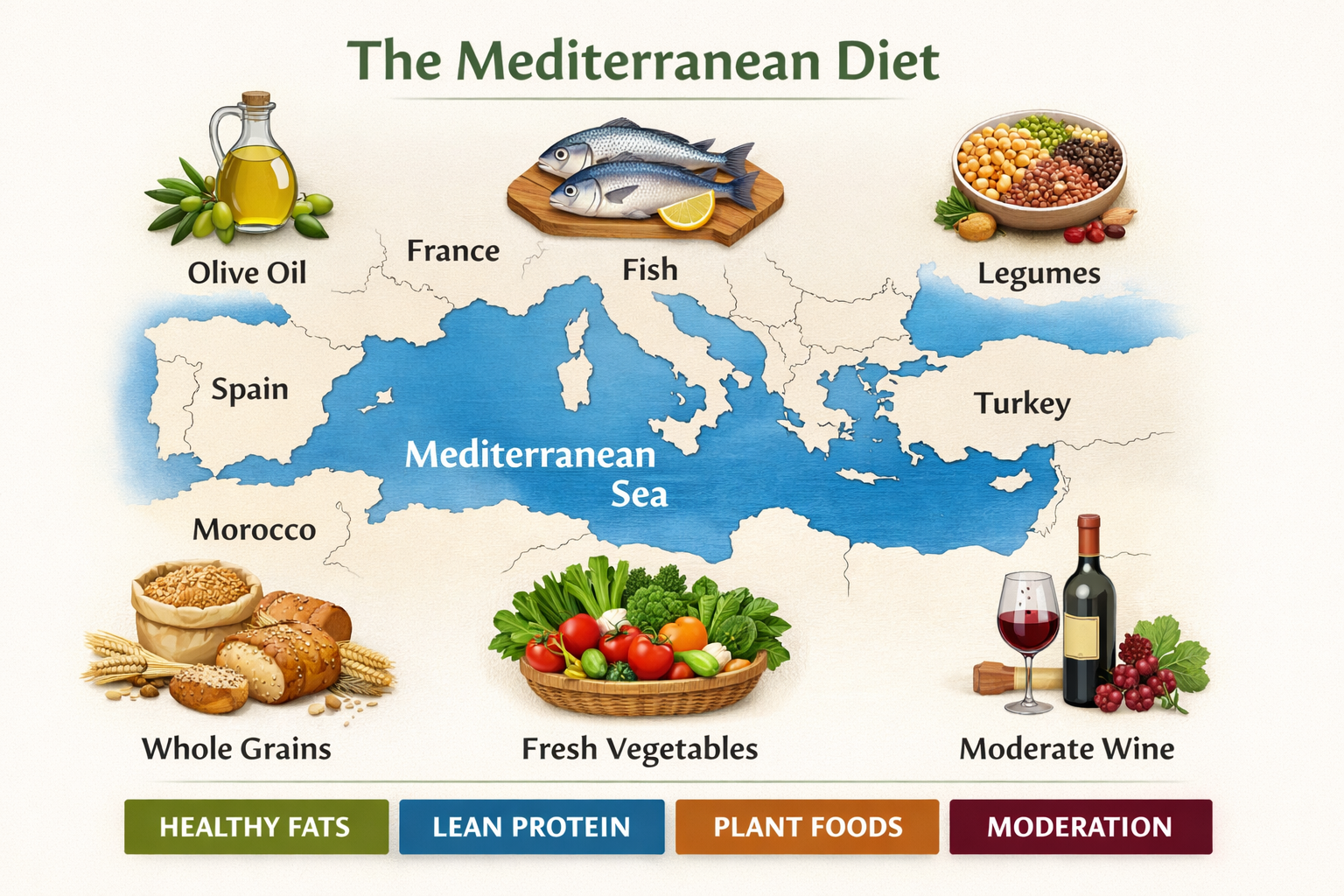 A clean infographic showing a map of the Mediterranean Sea surrounded by icons representing key food groups: olive oil,