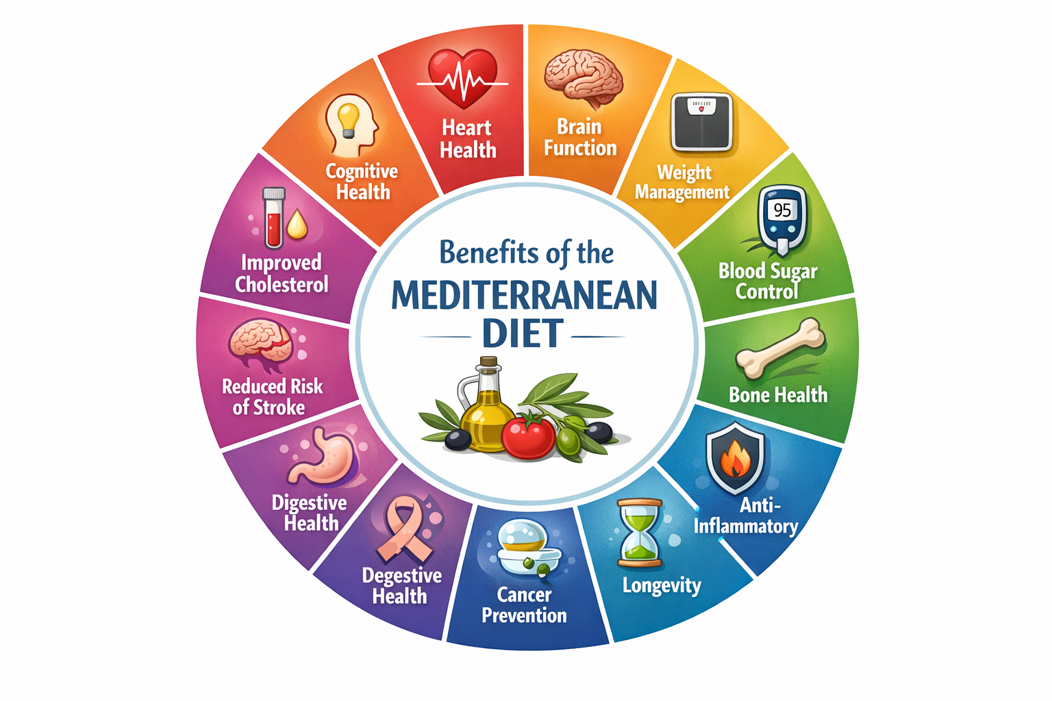 A visually rich health benefits diagram — circular wheel graphic showing 12 evidence-based benefits of Mediterranean food