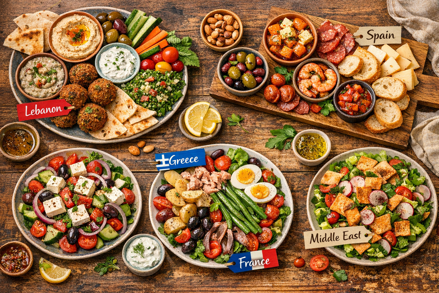 A styled food photography flat-lay of the top Mediterranean appetizers and salads: mezze platter, tapas board, Greek salad,