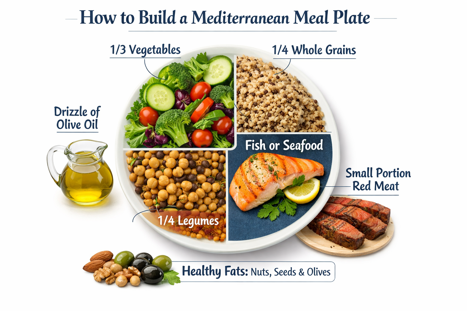 A step-by-step visual guide showing how to build a Mediterranean meal plate — divided sections showing correct proportions