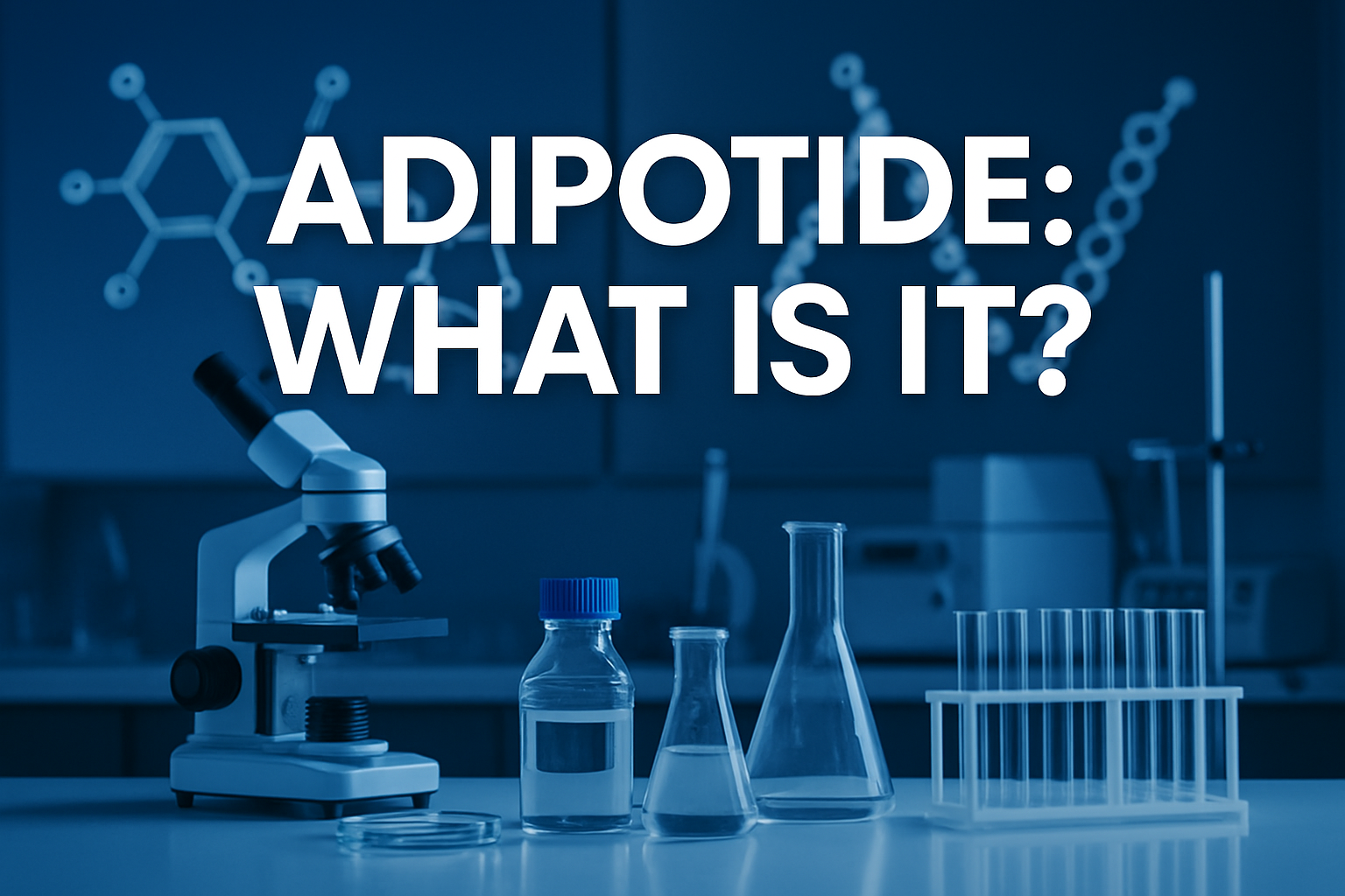 Professional landscape hero image (1536x1024) featuring bold text overlay 'Adipotide: What Is It?' in extra large 70pt white sans-serif font