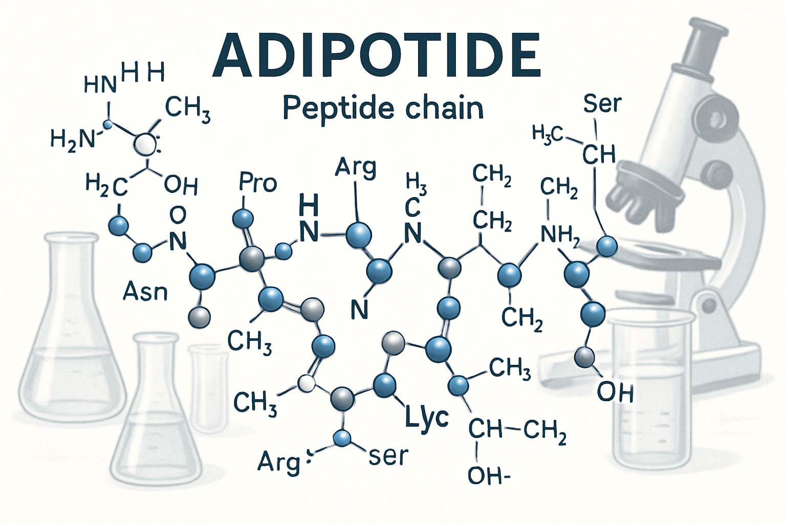 Scientific illustration showing adipotide molecular structure with detailed peptide chain visualization, laboratory beakers and research equ