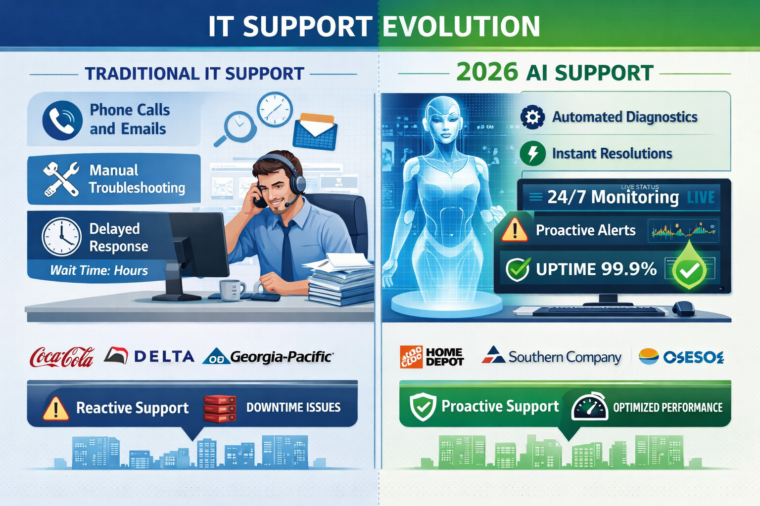 Detailed infographic showing AI-powered IT support evolution with split-screen comparison: left side shows traditional IT support (person at