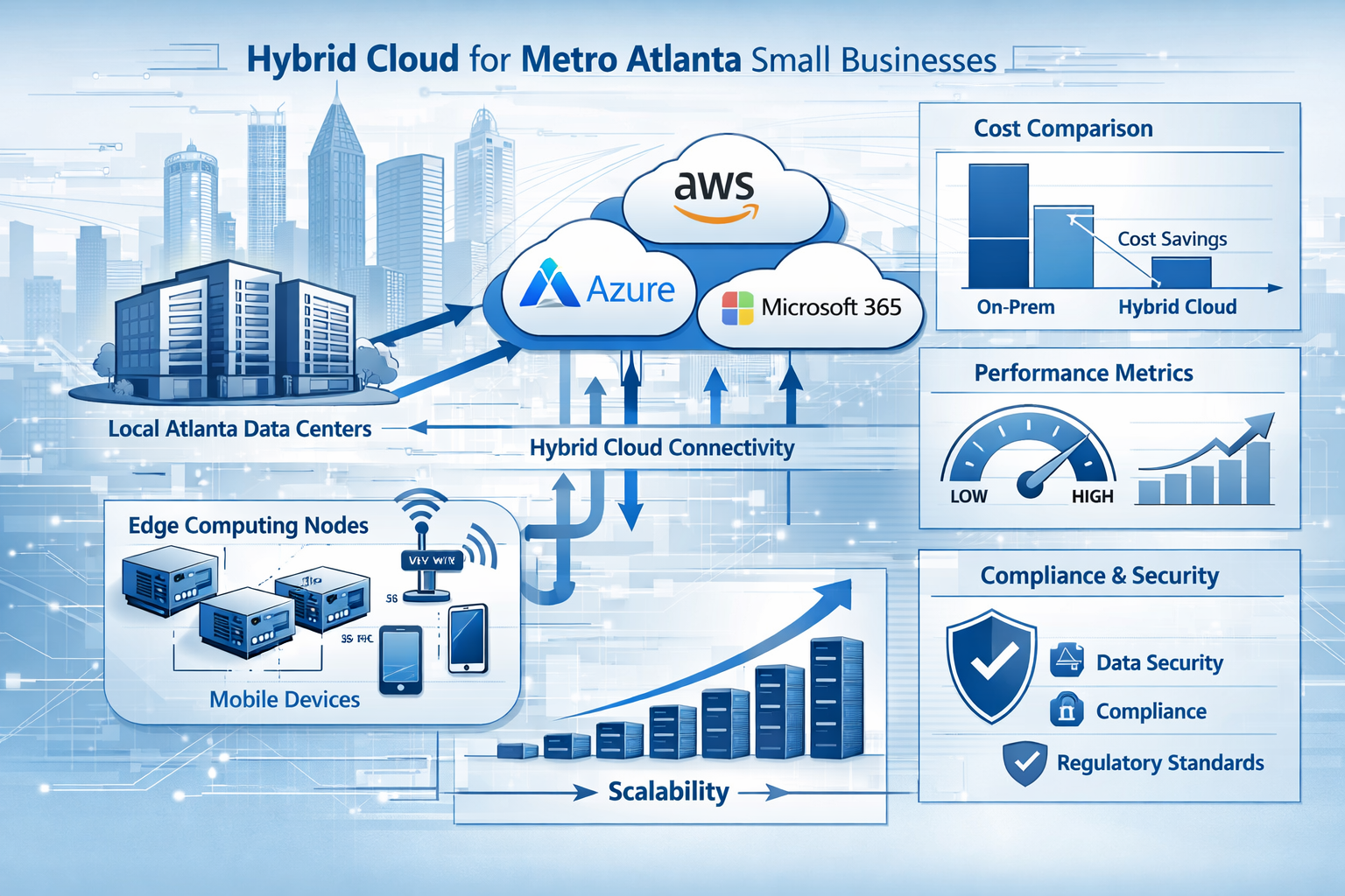 Modern cloud infrastructure diagram specifically designed for Metro Atlanta small businesses showing hybrid cloud architecture. Visual eleme