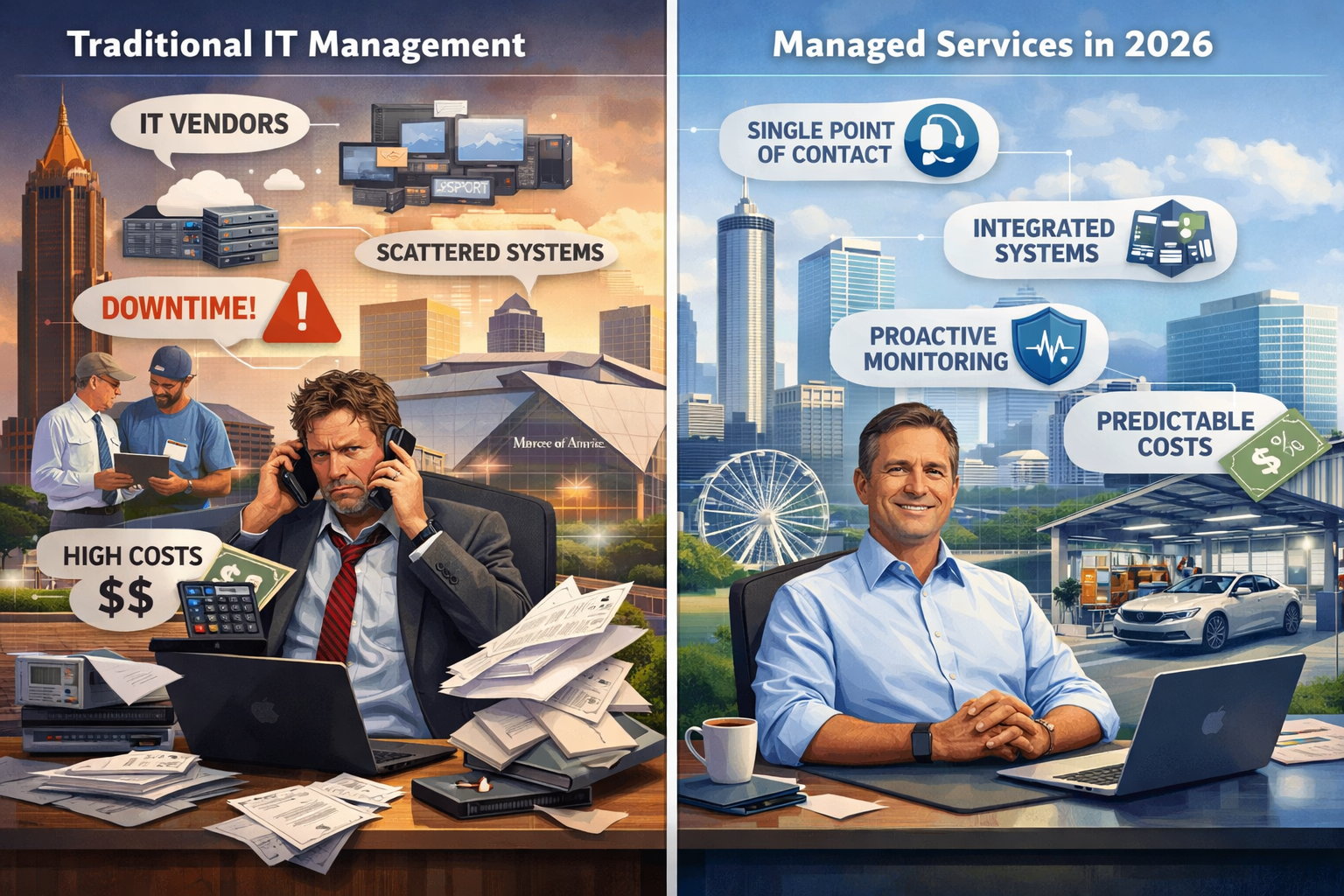 Split-screen comparison showing traditional IT management versus 2026 managed services approach. Left side: overwhelmed business owner juggl