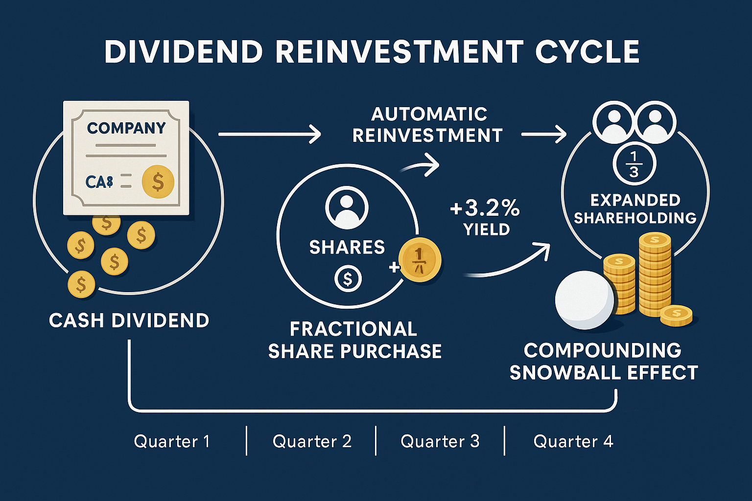 Detailed infographic illustration (1536x1024) showing the dividend reinvestment cycle mechanism with four connected stages: Stage 1 shows co