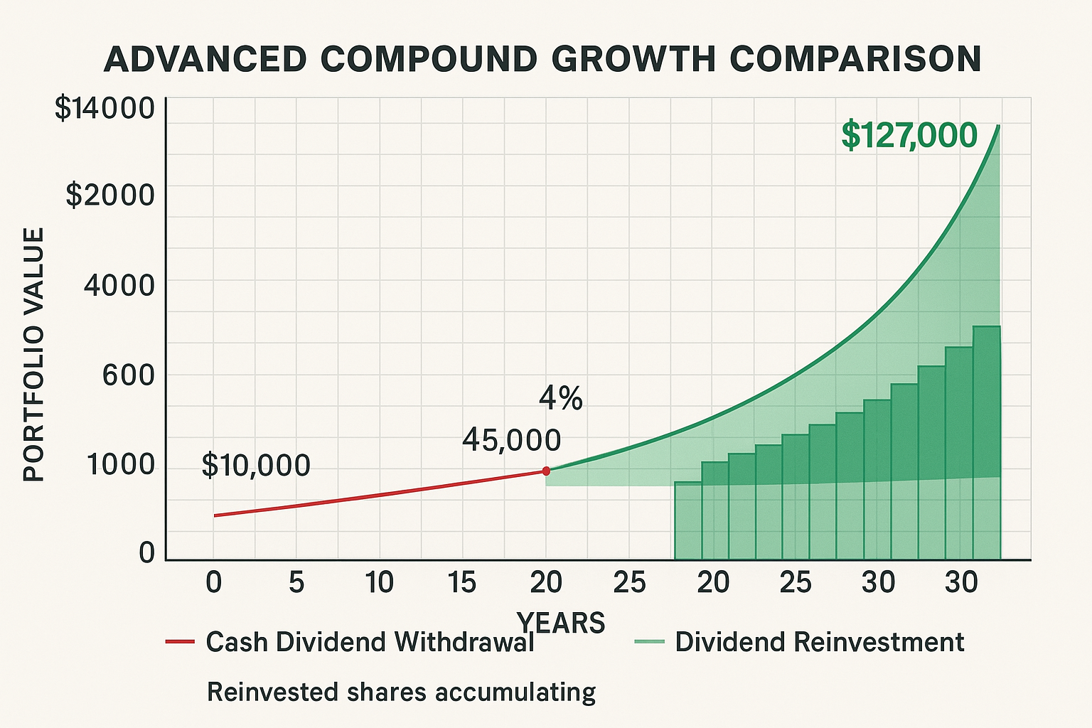 Advanced compound growth comparison chart (1536x1024) displaying two side-by-side portfolio growth trajectories over 30-year timeline: left 
