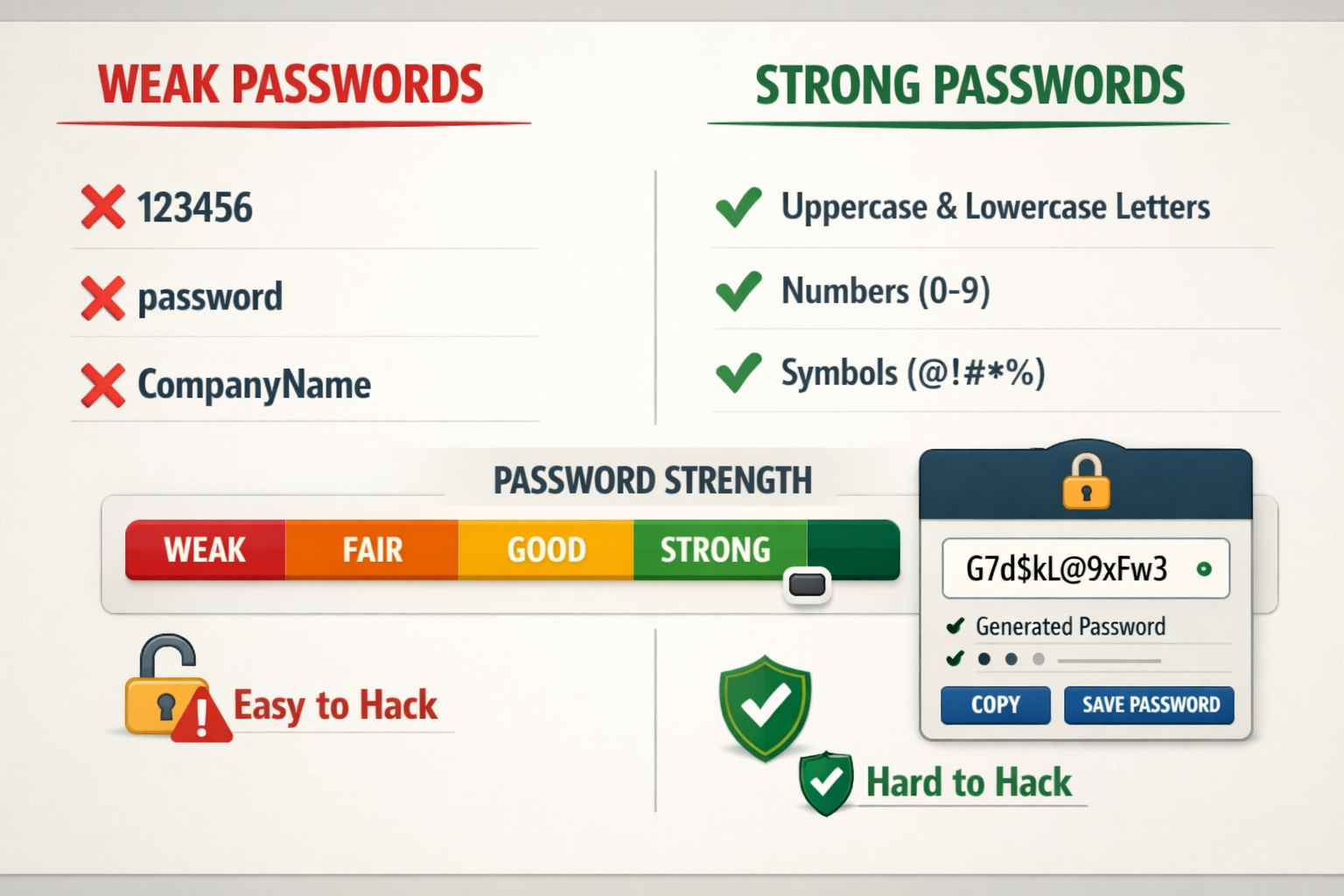 () detailed infographic showing weak password examples vs strong password creation. Left side displays common weak passwords