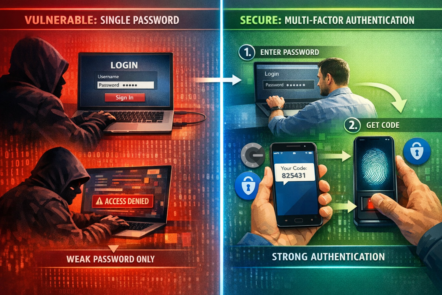 () comprehensive multi-factor authentication setup diagram showing three authentication layers. Visual flow from laptop