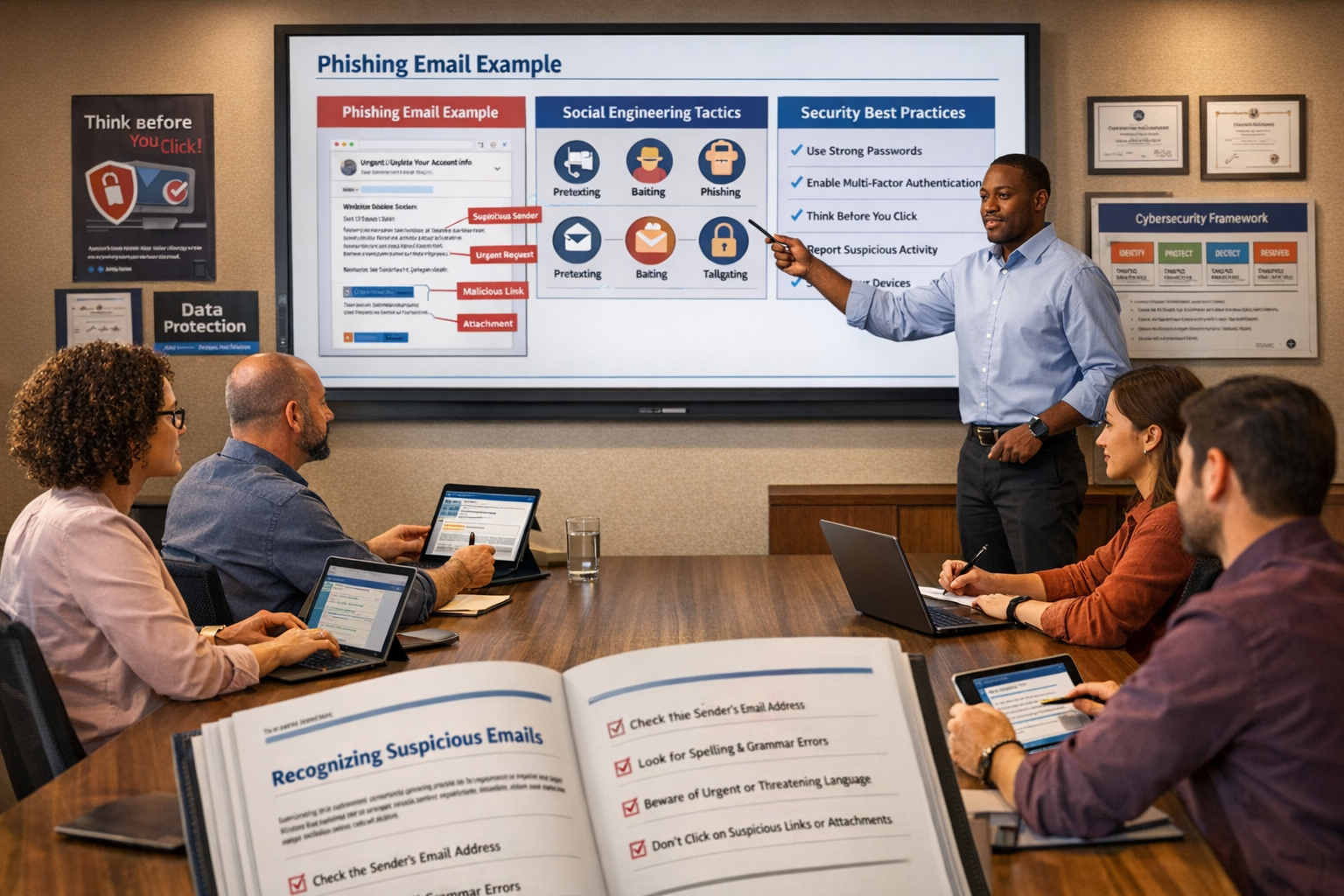() employee cybersecurity training classroom scene with diverse small business team. Instructor pointing to large wall