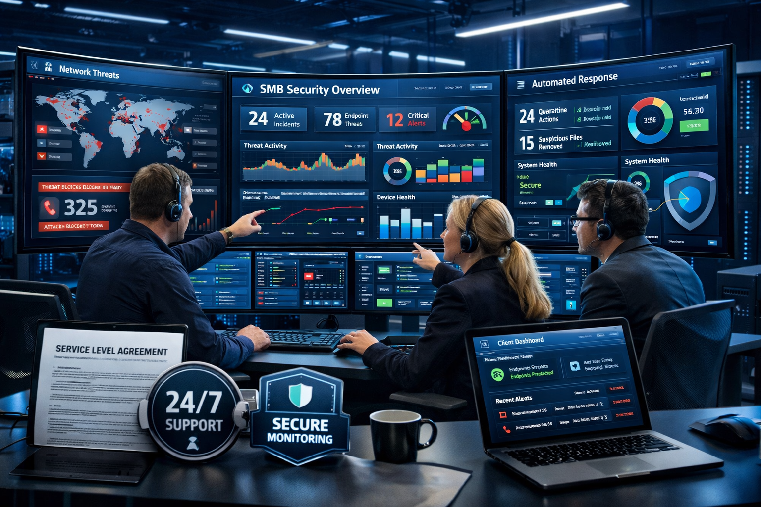 () managed cybersecurity services control center with multiple monitoring dashboards. Central command setup showing