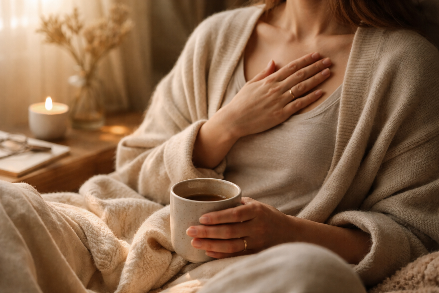 Photo realistic style. Landscape format (1536x1024) image visually representing the concept of 'gentle self care is not a project.' This ima