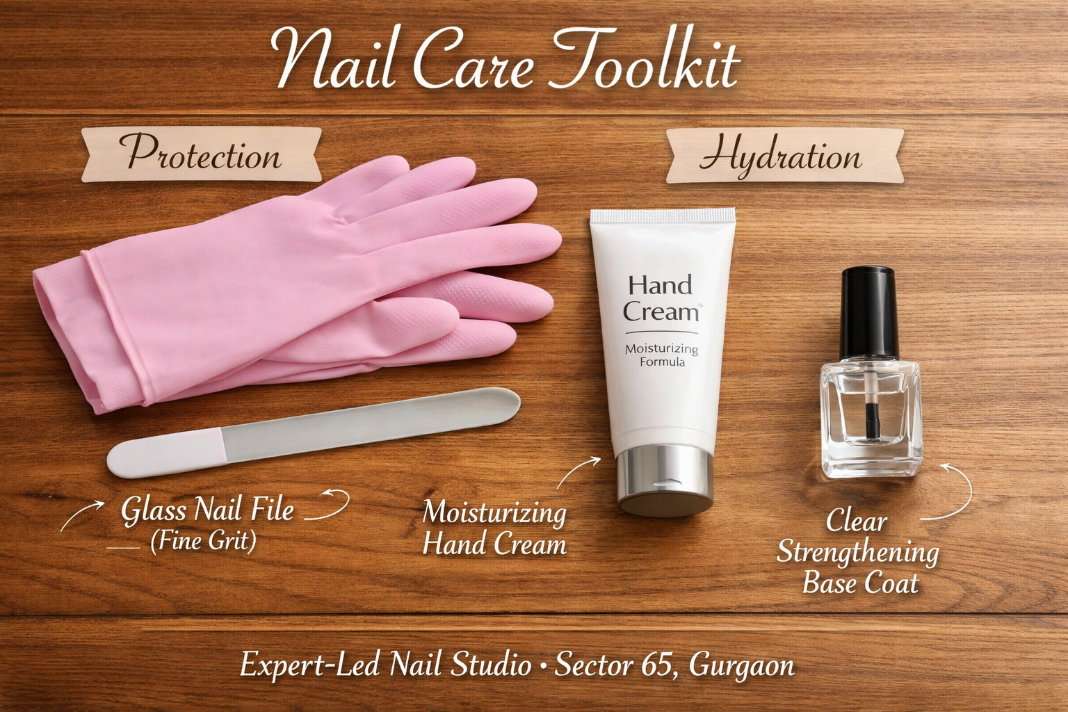 A high-quality infographic-style image displaying a 'Nail Care Toolkit' on a wooden surface. Elements include a fine-grit