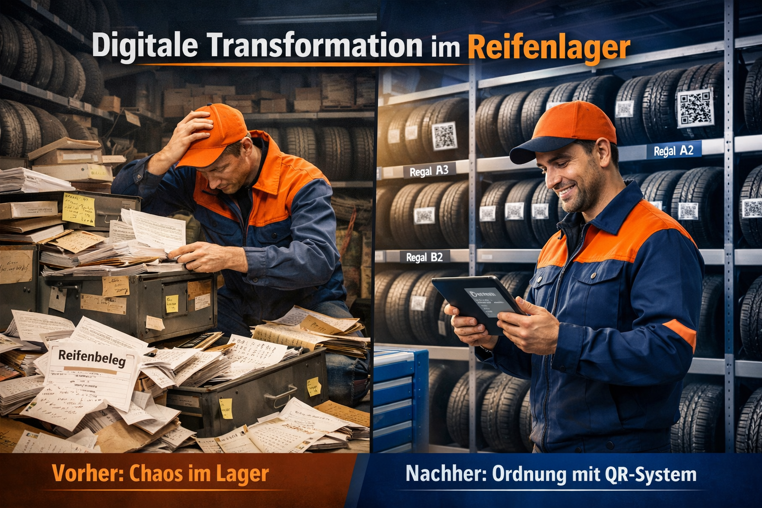 () image showing tire storage chaos versus digital organization split-screen composition. Left side: cluttered warehouse