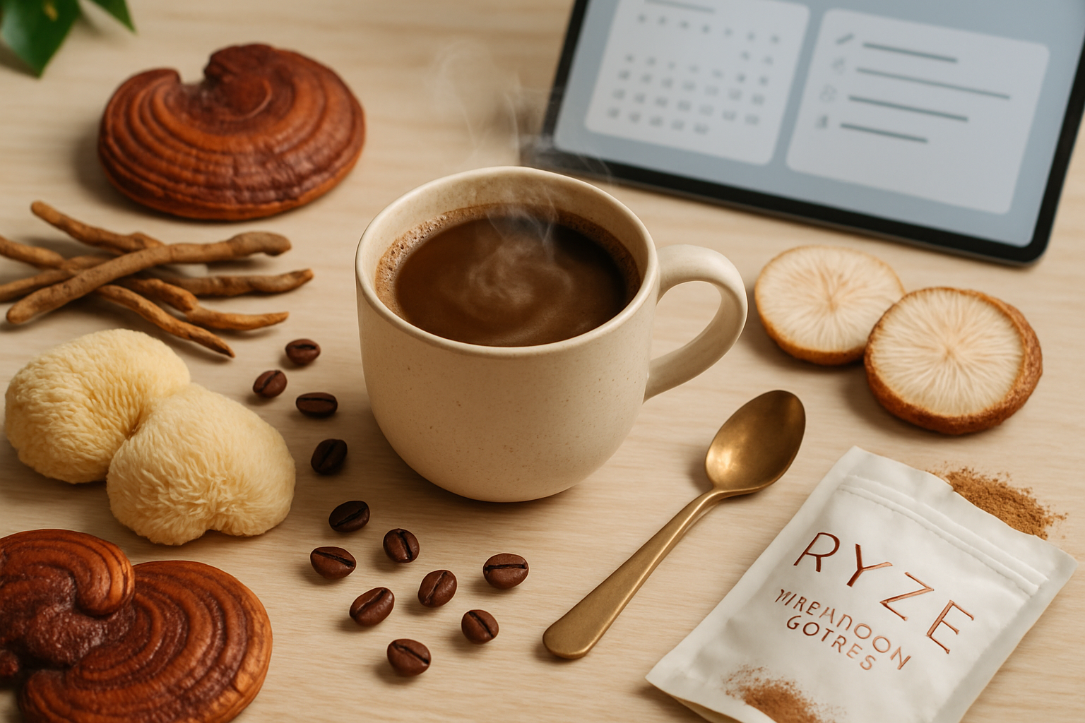 A beautifully composed flat lay of a steaming cup of ryze mushroom coffee with a small spoon, surrounded by various whole and sliced medicin