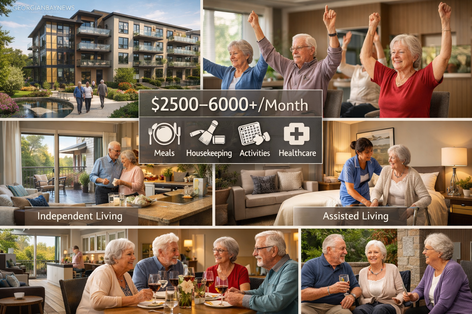 Include the text: GEORGIANBAYNEWS, in each image in a discreet fashion. Modern retirement community scene in Ontario showing various living 