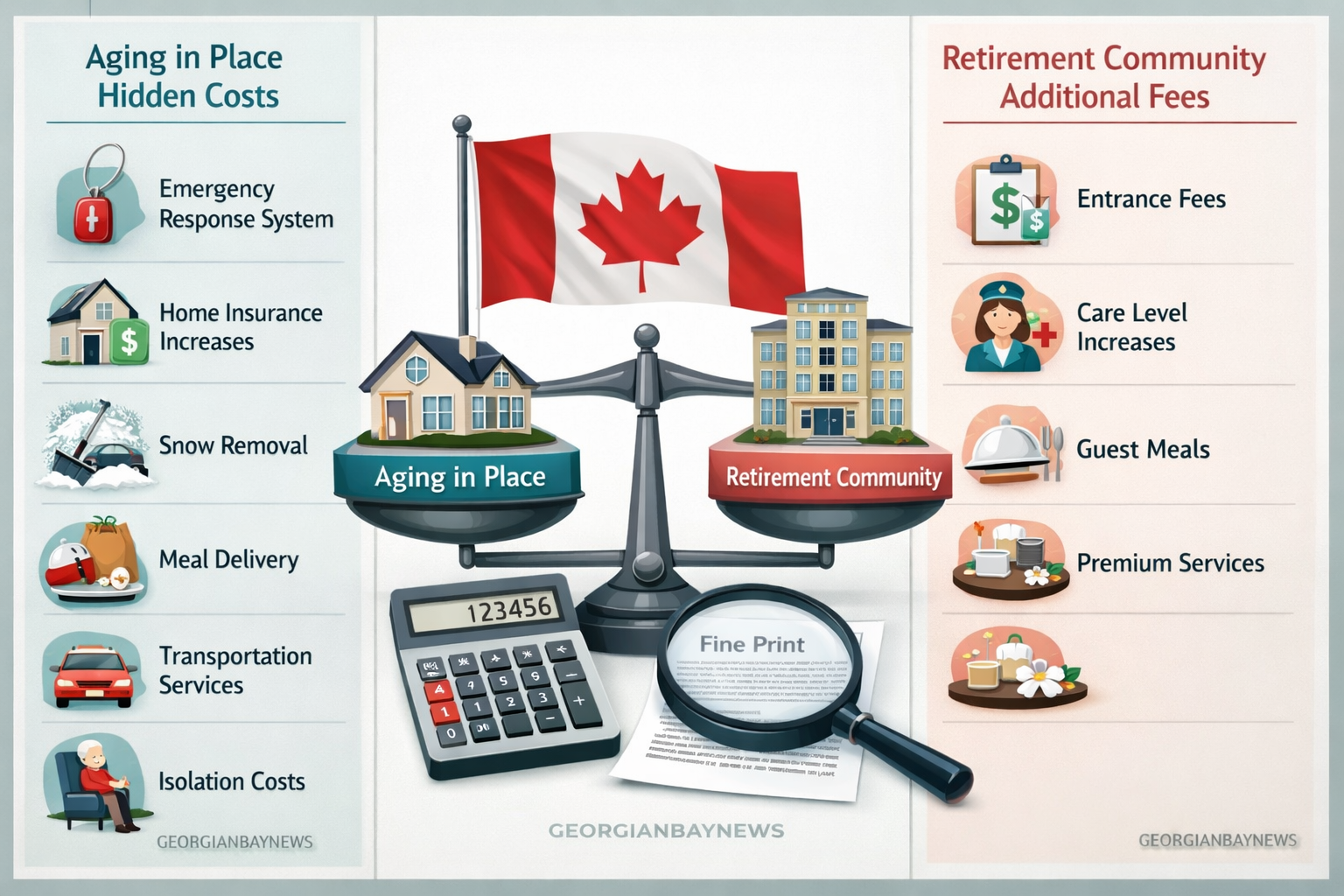 Include the text: GEORGIANBAYNEWS, in each image in a discreet fashion. Side-by-side comparison infographic displaying hidden costs for both