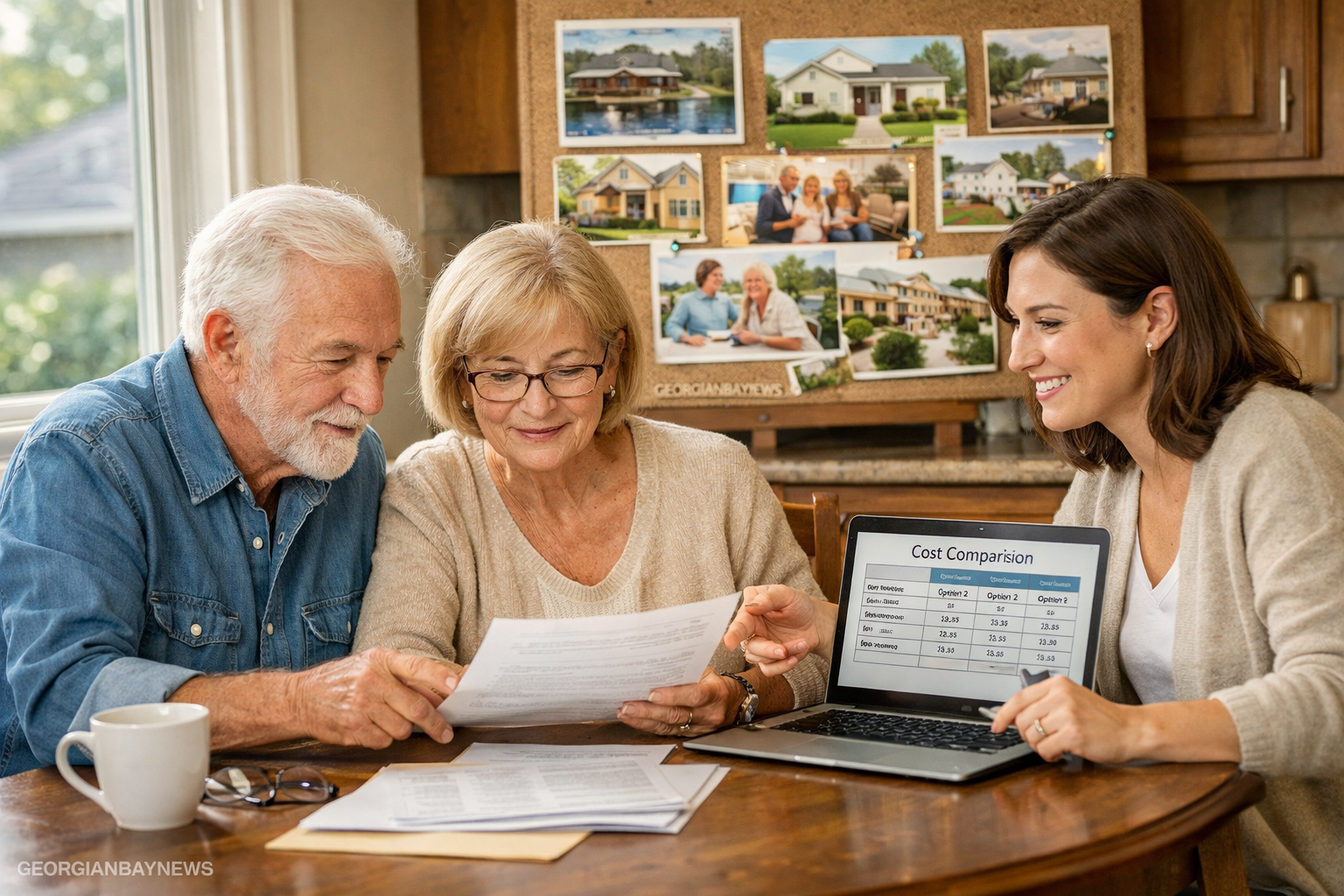 Include the text: GEORGIANBAYNEWS, in each image in a discreet fashion. Warm lifestyle image showing senior making informed decision about h
