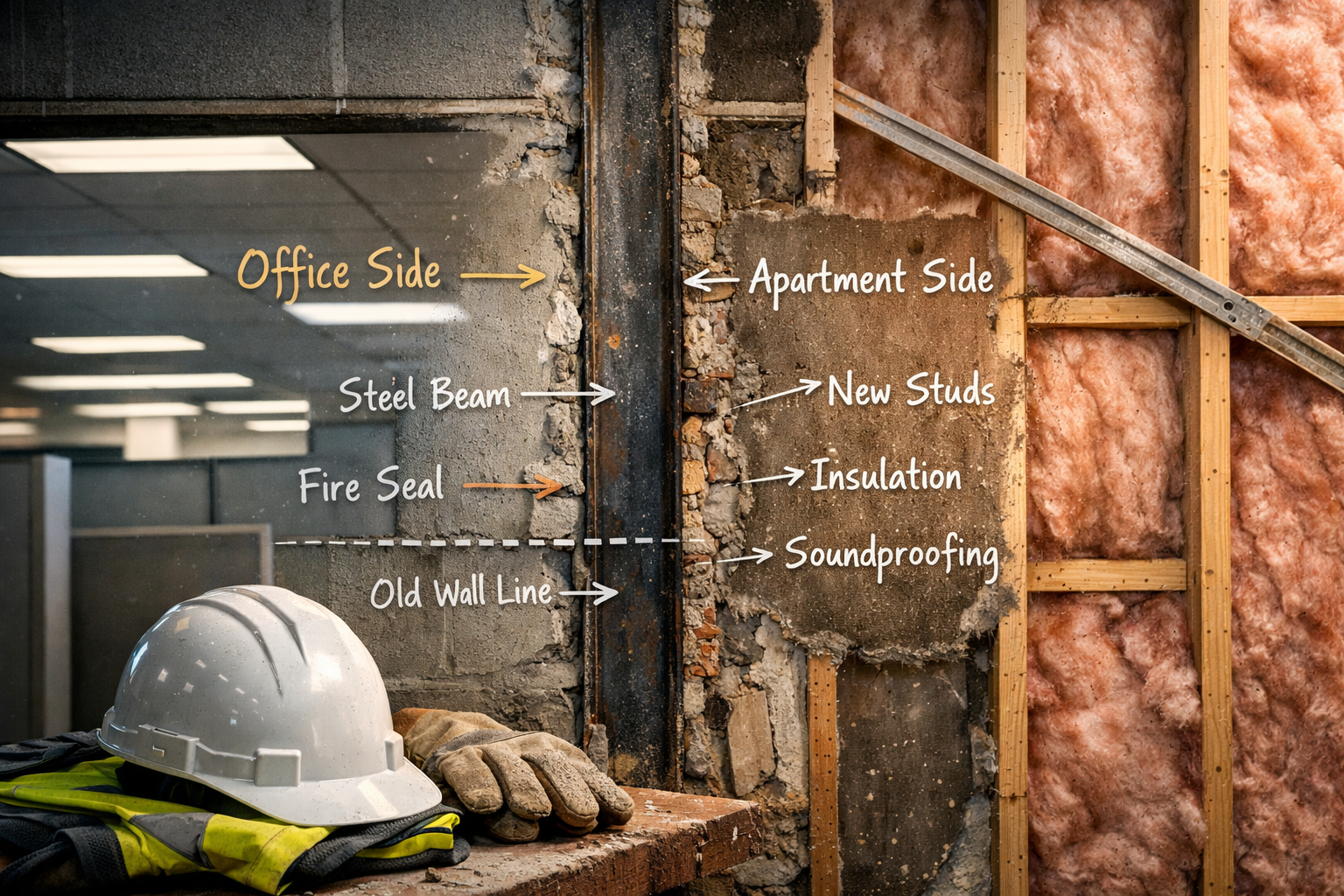 Detailed () editorial photograph showing close-up of shared party wall between two properties during conversion work, with