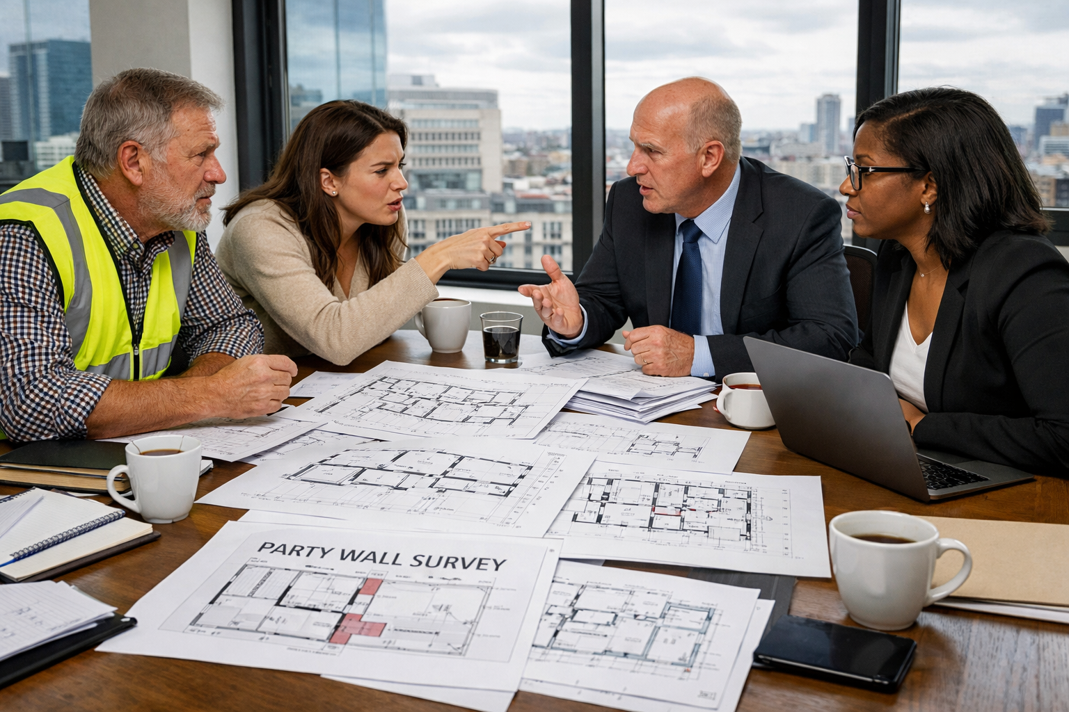 Wide-angle () professional photograph of diverse group of four people having tense discussion around large table covered