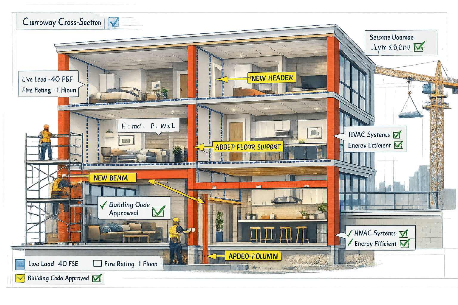 Detailed () technical illustration showing cutaway cross-section view of multi-story building undergoing
