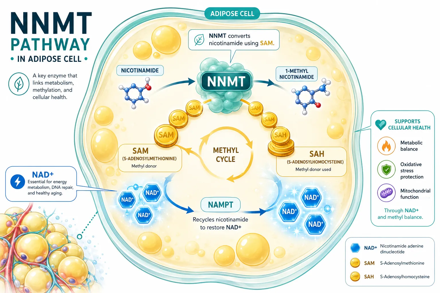 Bright editorial infographic-style landscape (): a vivid flat-vector illustration of the NNMT enzyme pathway inside a