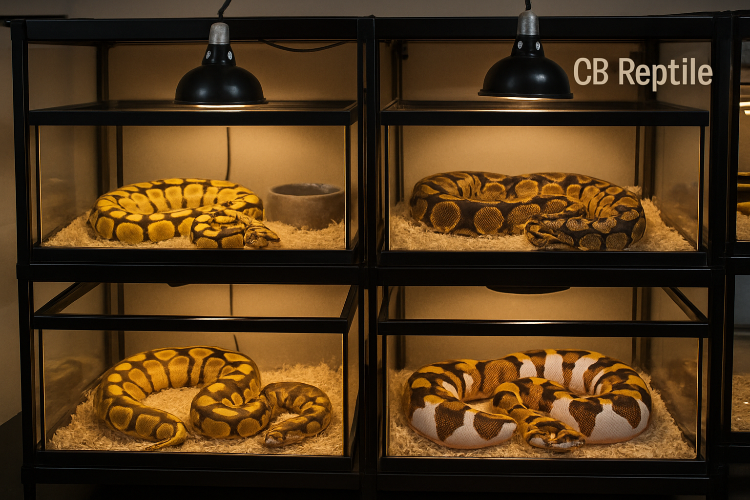 High-quality terrarium setup showing multiple ball python morphs in glass enclosures at professional reptile breeding facility, proper heati