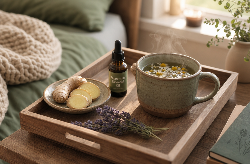 Detailed () editorial lifestyle image showing a calm wellness scene: a wooden tray on a bedside table holding a steaming mug