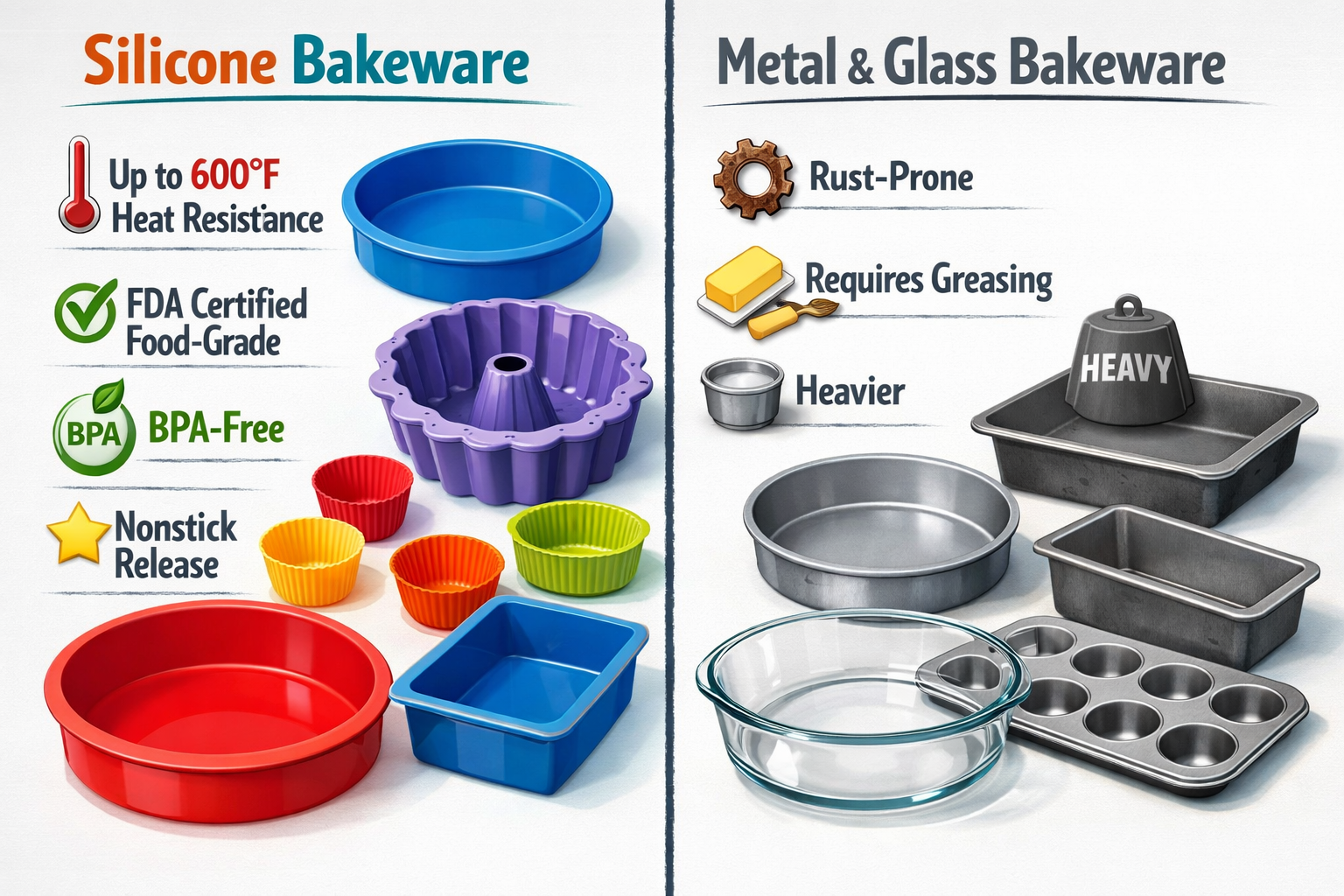 Digital illustration, graphic design style, Detailed landscape format (1536x1024) split-panel infographic illustration showing a side-by-side comparison of silicone bakeware versus traditional metal and glass baking pans. Left panel features colorful flexible silicone muffin molds and cake pans with callout labels: 'Up to 600°F heat resistance', 'FDA certified food-grade', 'BPA-free', 'Nonstick release'. Right panel shows dull metal and glass pans with labels: 'Rust-prone', 'Requires greasing', 'Heavier'. Clean white background, bold typography, teal and orange color palette, editorial infographic style, professional kitchen product photography aesthetic.