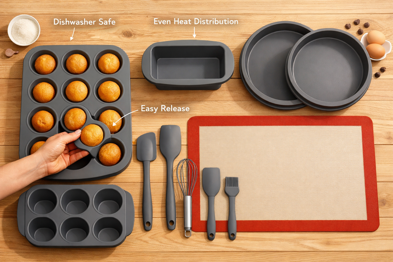 Digital illustration, graphic design style, Detailed landscape format (1536x1024) overhead flat-lay photograph of a complete silicone baking set laid out on a light wood kitchen table, including silicone muffin pan, loaf pan, round cake molds, baking mat, and spatula tools arranged in a neat grid pattern. A hand is shown effortlessly flexing a silicone muffin mold to pop out perfectly baked golden muffins. Small text labels point to key features: 'Dishwasher Safe', 'Even Heat Distribution', 'Easy Release'. Soft natural window light, warm tones, food photography style, professional editorial quality. 