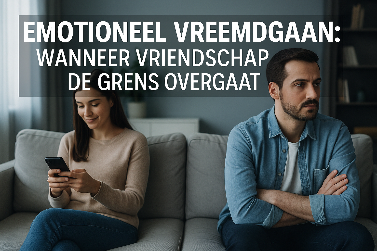 Professional landscape hero image (1536x1024) featuring bold text overlay 'Emotioneel Vreemdgaan: Wanneer Vriendschap de Grens Overgaat' in