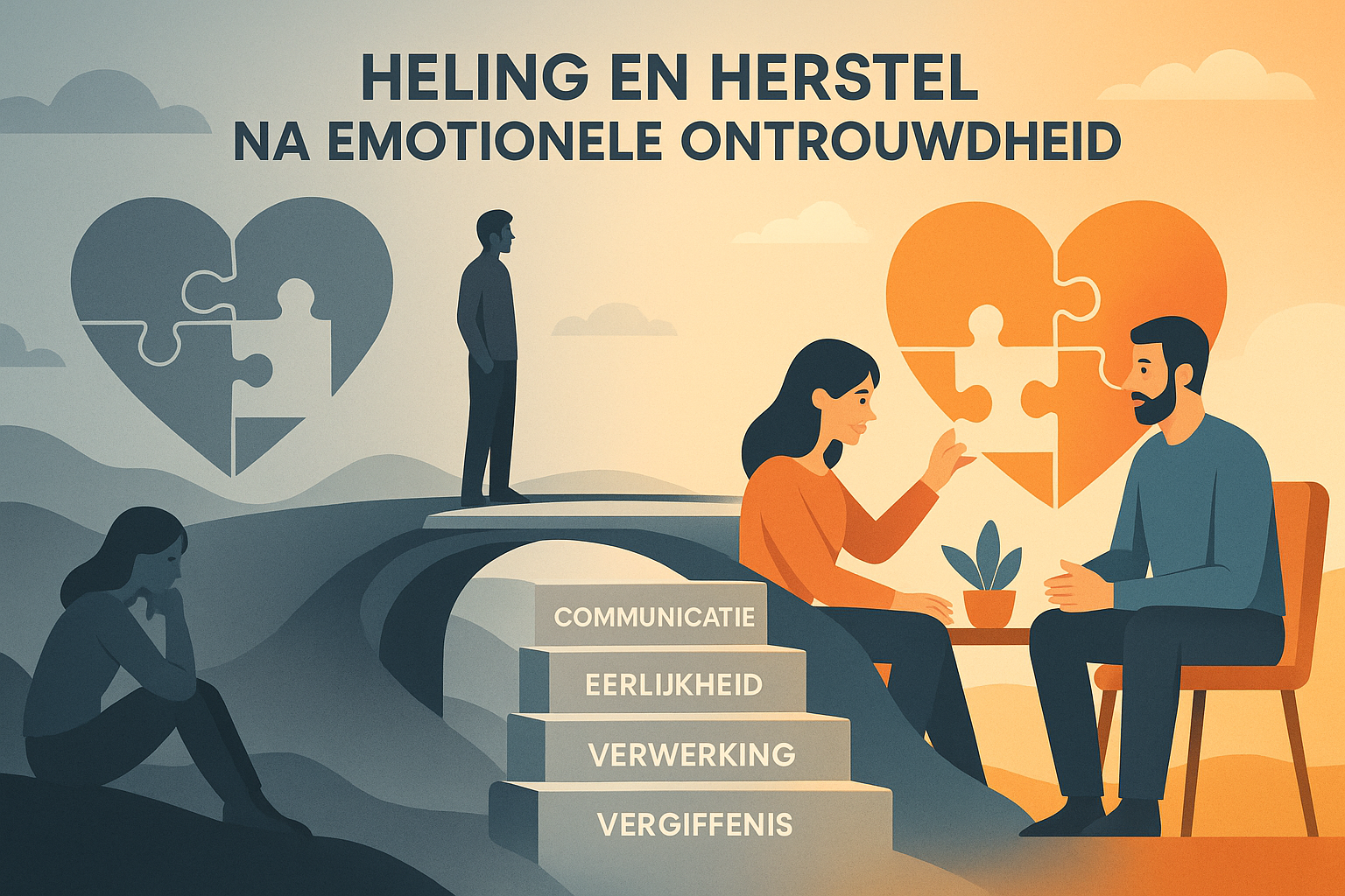 Conceptual landscape illustration (1536x1024) showing healing and recovery process after emotional infidelity: split-screen composition with